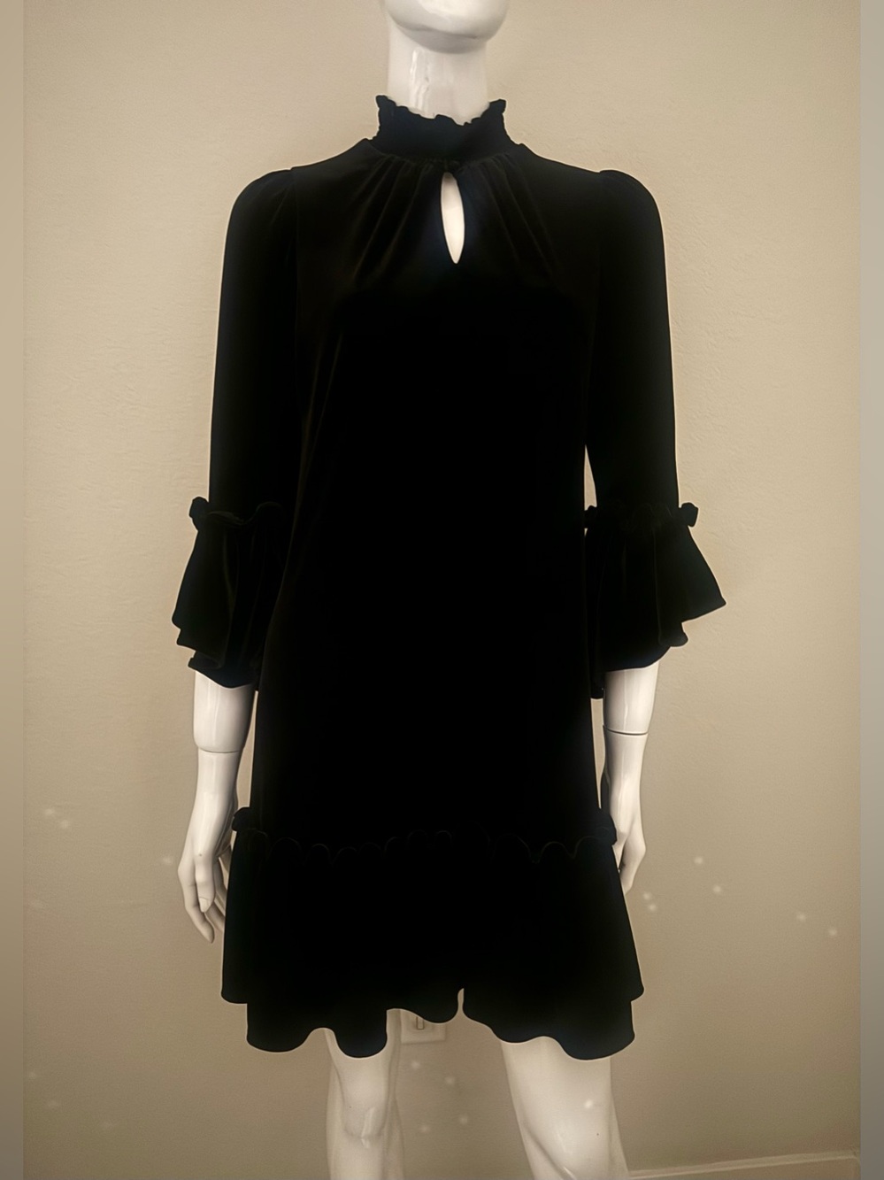 Calvin Klein Black Velvet Long-Sleeve Ruffle Dress
